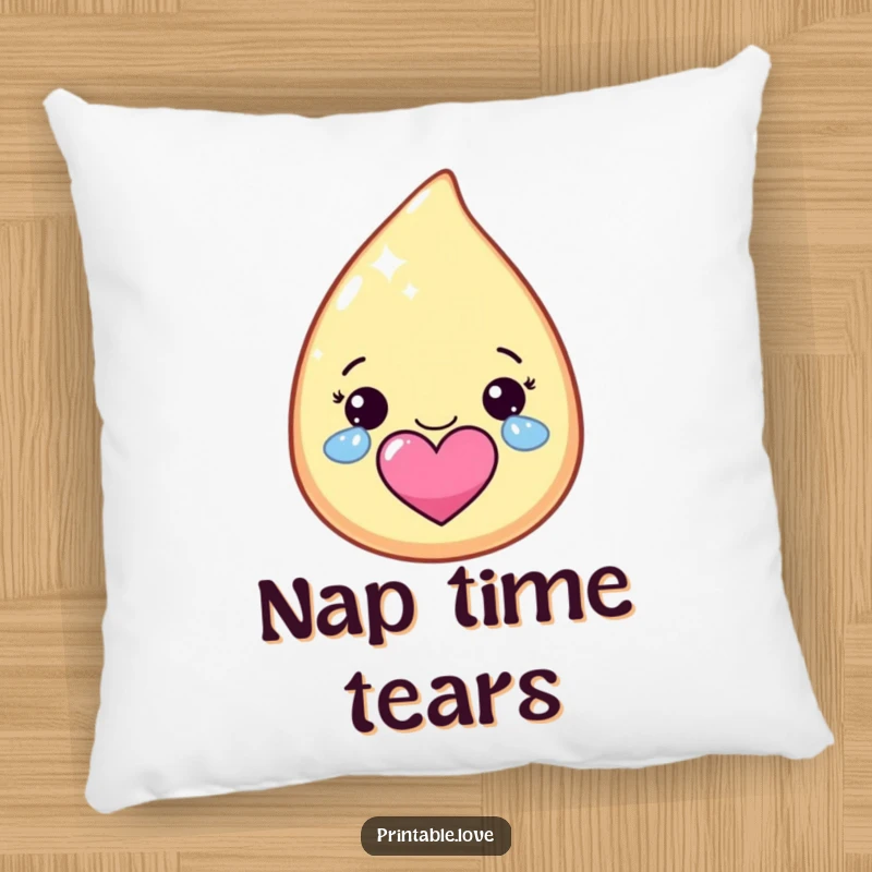 Funny kawaii teardrop character pillow, crying happy, sparkly tears forming a heart, for cozy moments of joy.