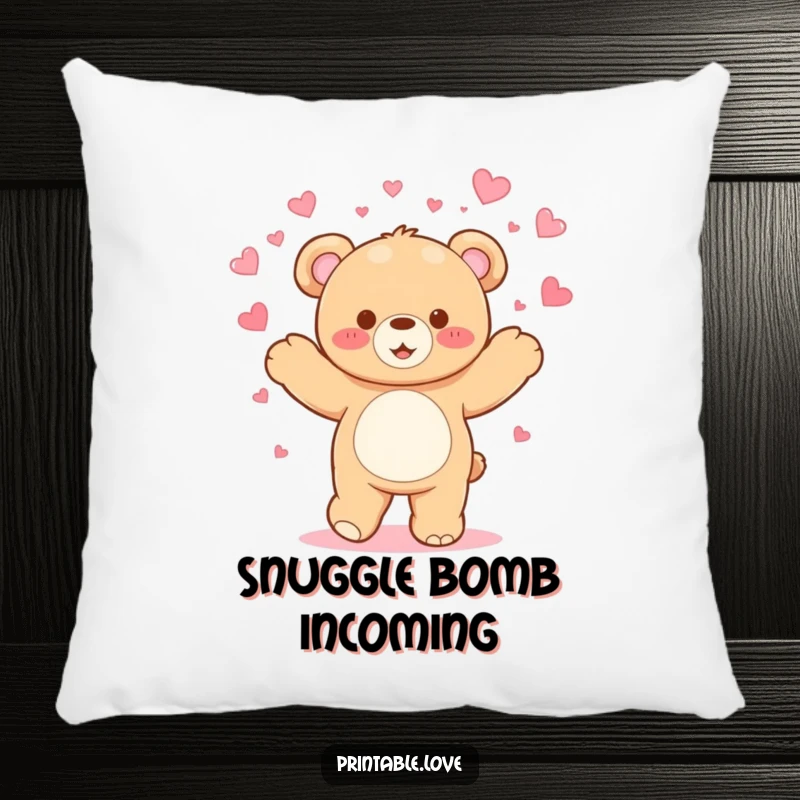 Funny Kawaii Teddy Bear Pillow: A happy bear dances, showering hearts, offering soft, humorous comfort.