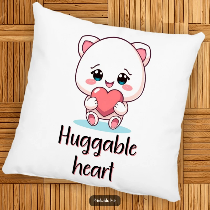 Funny smiling character on a soft pillow, gifting a heart with beaming eyes, offering comfort and a touch of love.