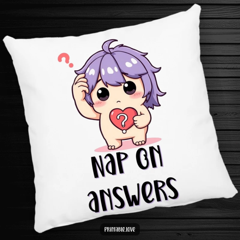 Funny Pillow with a confused character scratching their head and holding a heart question mark, offering comfort and a touch of humor.
