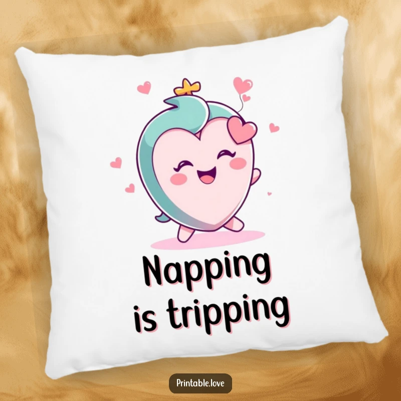 Funny cushion featuring a small, cute heart character in a state of gleeful tripping, radiating pure joy and happiness.