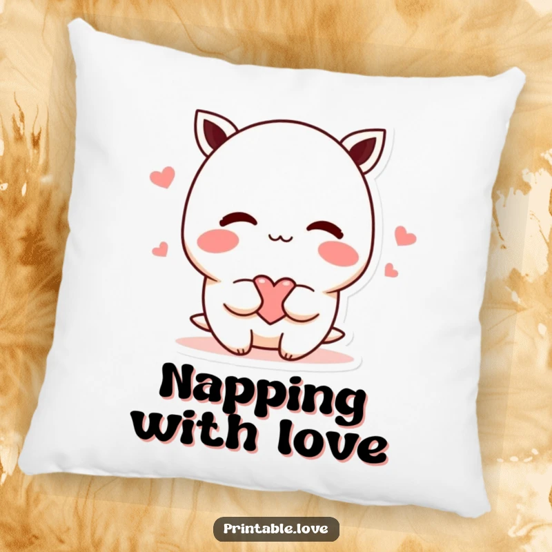 Funny shy kawaii character pillow, soft and cozy, blushing and offering a heart, cute decorative accent, perfect funny gift.