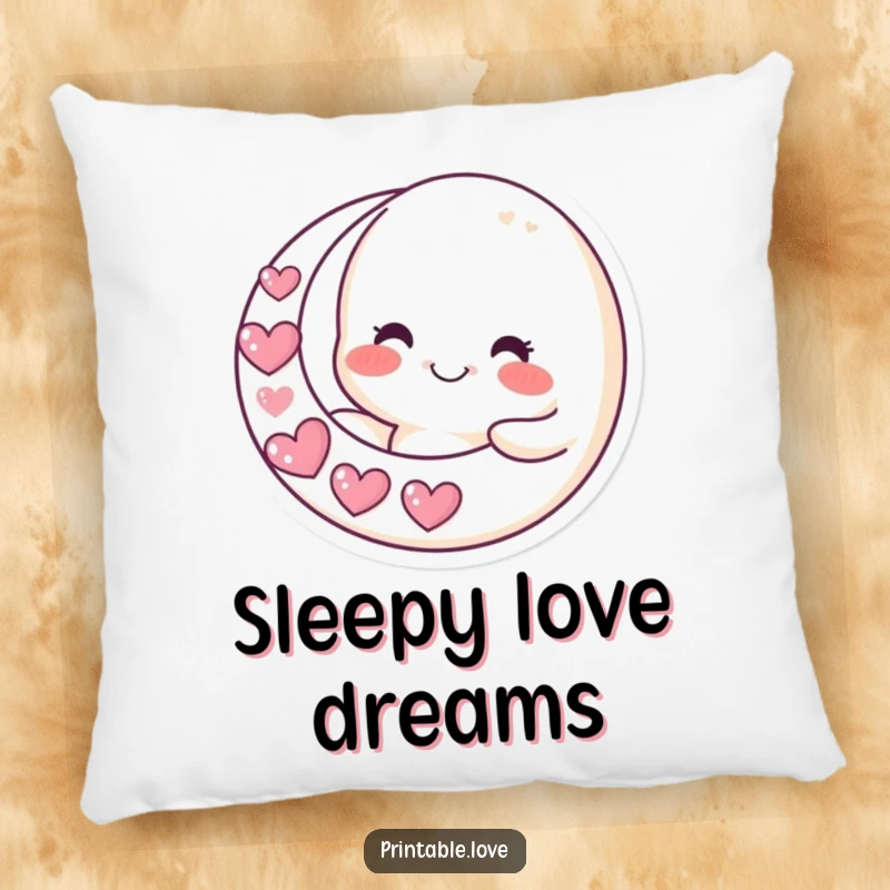 Funny moon pillow with a smiling character holding a crescent moon made of hearts, offering soft comfort and celestial humor.