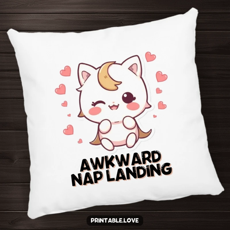 Funny Kawaii Character Pillow with a cute character tripping and a heart scattering in surprise, designed for cozy laughs.