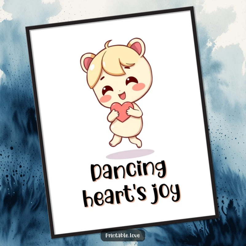 Funny digital art print of a character enthusiastically dancing while holding a heart. Instant cheerful decor.