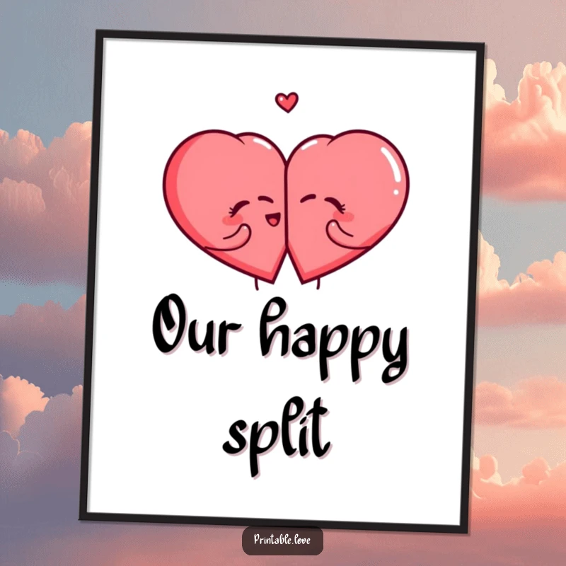Funny Giggling Heart Digital Art Print of two cute, laughing hearts splitting from one, ideal for instant humorous decoration.