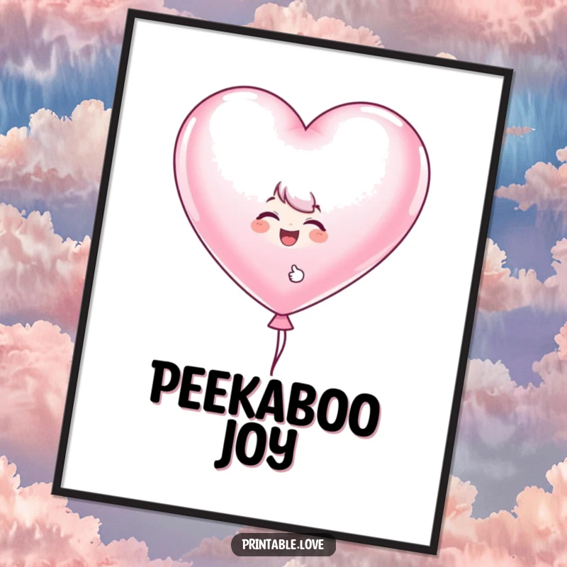 Funny heart balloon digital art print of a giggling character peeking from behind a large heart-shaped balloon, perfect for cheerful decor.