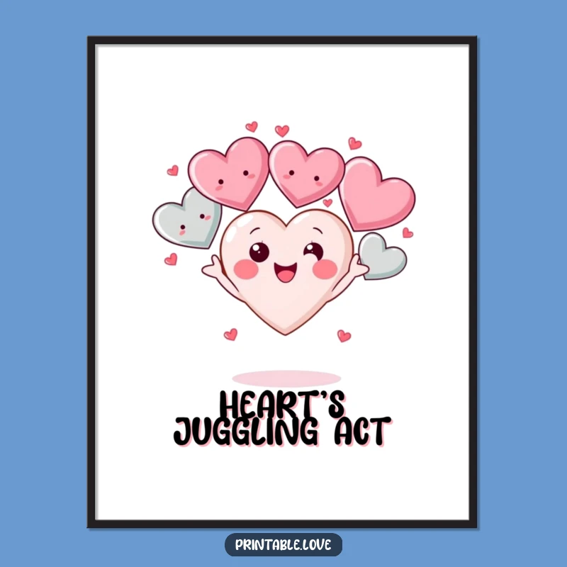 Funny Kawaii Heart Digital Art Print: Instant Download Joyful Juggling Heart Wall Decor