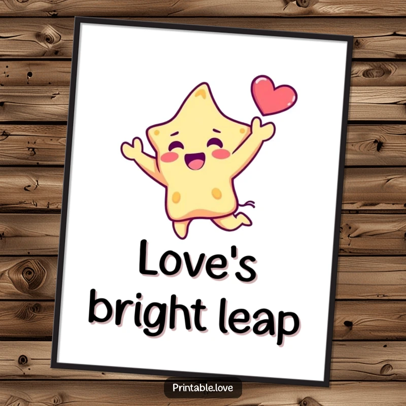 Funny Kawaii Star Digital Art Print: A digital illustration of a cute star character performing a joyful leap, holding a heart aloft, perfect for celebratory wall art.