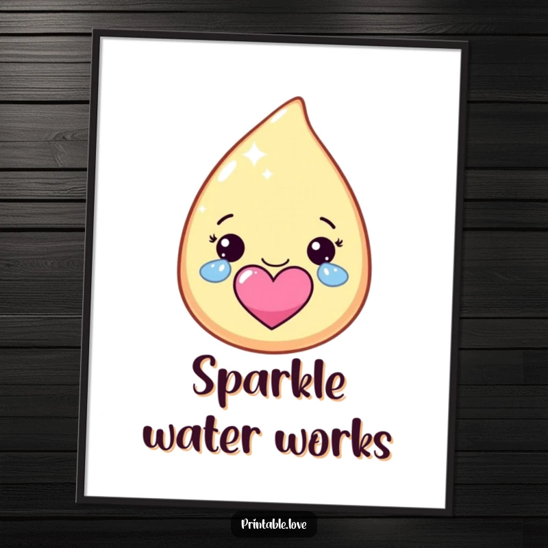 Funny kawaii teardrop character digital art print, crying happy, sparkly tears forming a heart, perfect for instant joy.