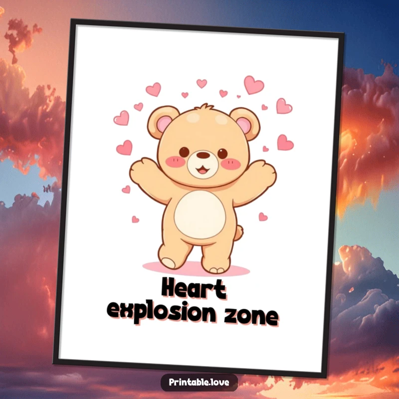 Funny Kawaii Teddy Bear Digital Art: A high-resolution image of a dancing bear showering hearts, perfect for joyful decor.