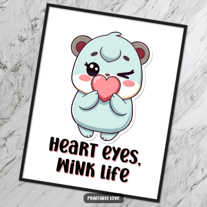 Funny kawaii character digital art print, playfully winking with a heart candy, instant cute decor, downloadable art for home or office.