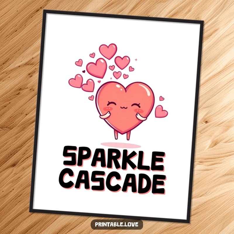 Funny digital art print of a heart character blowing a shimmering cloud of sparkly hearts, adding instant magic to decor.