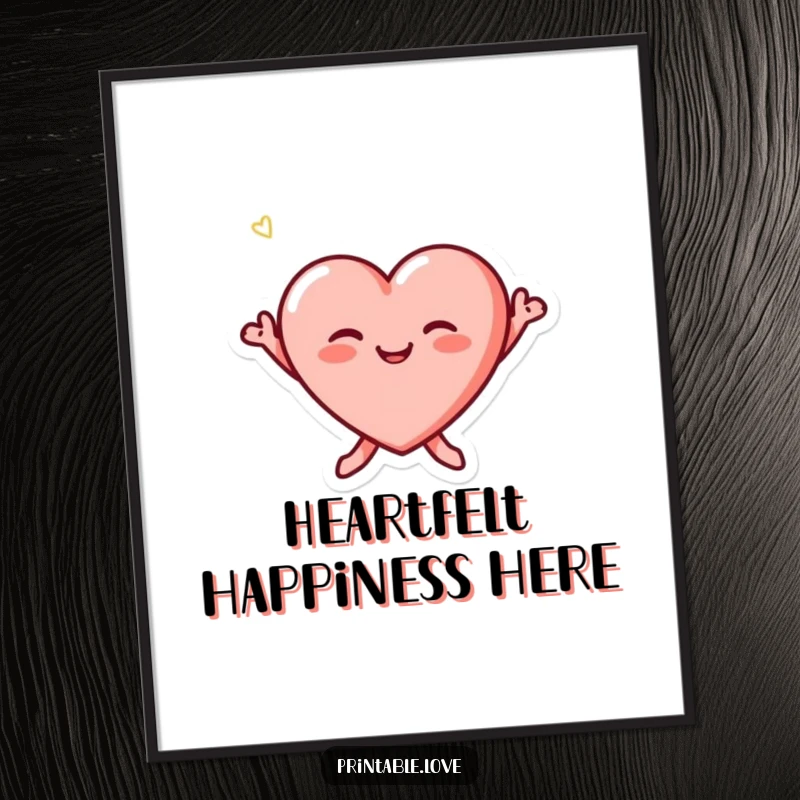 Funny tiny heart character with blushing cheeks joyfully jumping, available as a high-resolution digital art print.