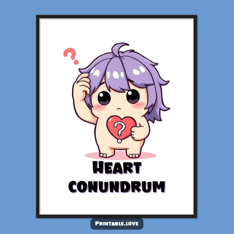 Funny Confused Character Art Print: Puzzled Heart Downloadable, DIY Funny Gift