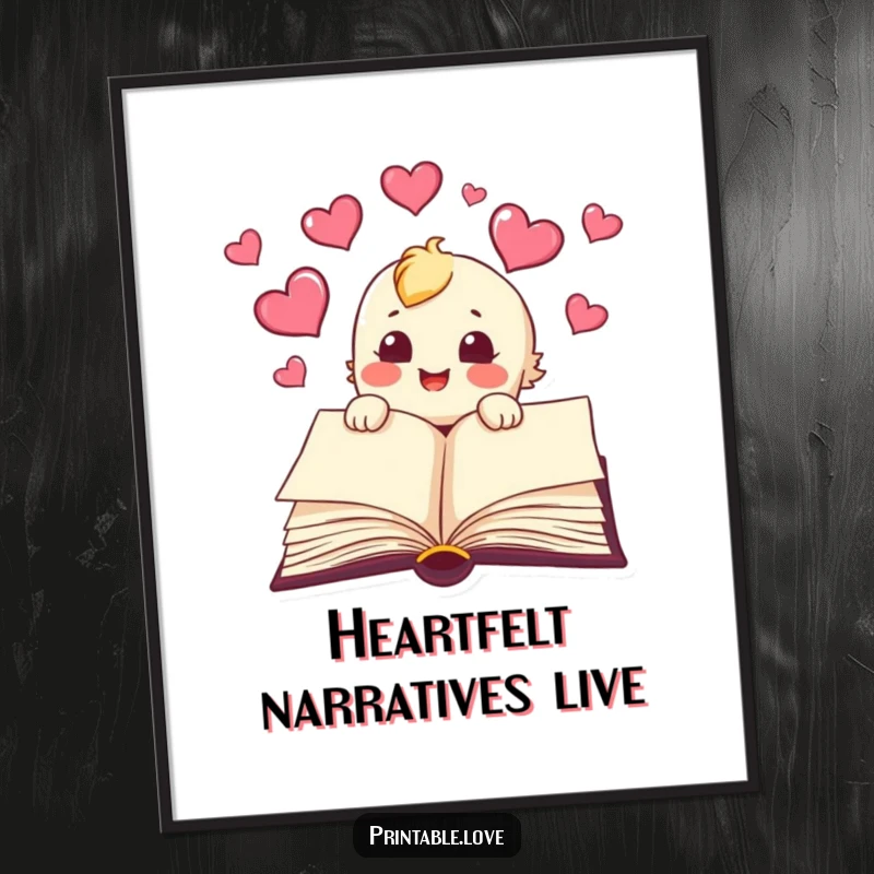 Funny book digital art print, featuring a character joyfully releasing hearts from its pages, for instant literary and humorous decor.