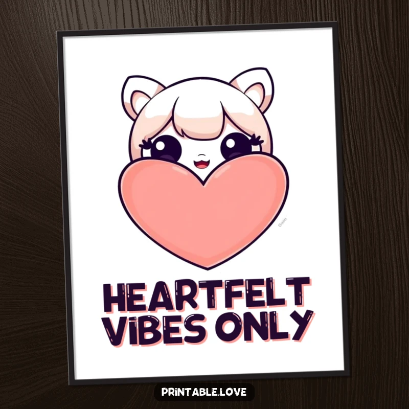 Funny digital art print featuring a kawaii character peeking shyly from behind a large heart, perfect for charming and humorous wall decor.