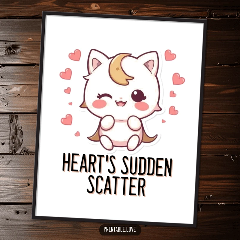 Funny Kawaii Character Digital Art Print of a cute character tripping, with a heart scattering in surprise, humorous and charming.