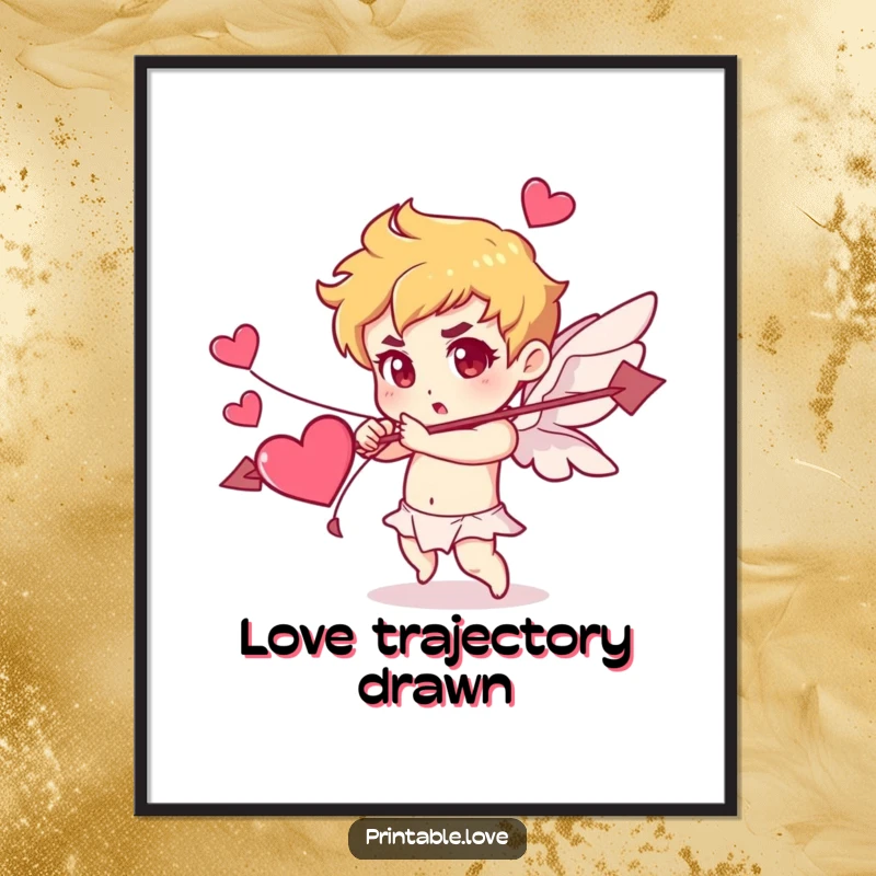 Funny Cupid digital art print, featuring a character determinedly shooting an arrow made of hearts, for instant romantic and humorous decor.