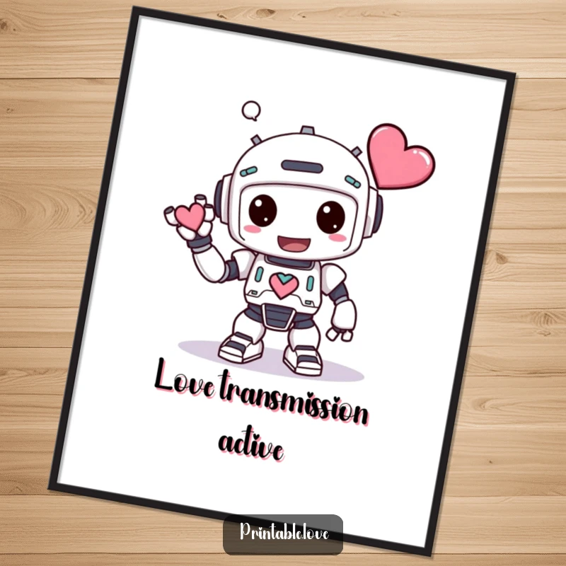 Funny Kawaii Robot Digital Art: A high-resolution image of a robot bowing with a heart, perfect for humorous wall art.