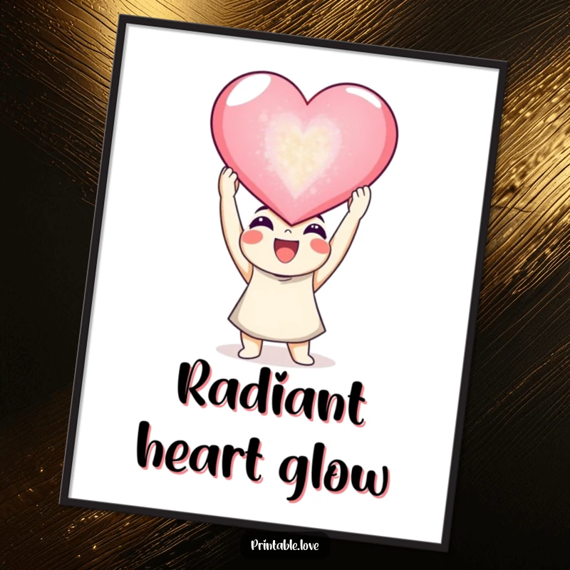 Funny joyful character digital art print, a happy figure holding a giant sparkling heart, instant download.