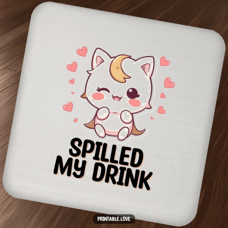 Funny Kawaii Character Coaster showing a cute character tripping, heart scattering in surprise, adding a humorous touch to any surface.