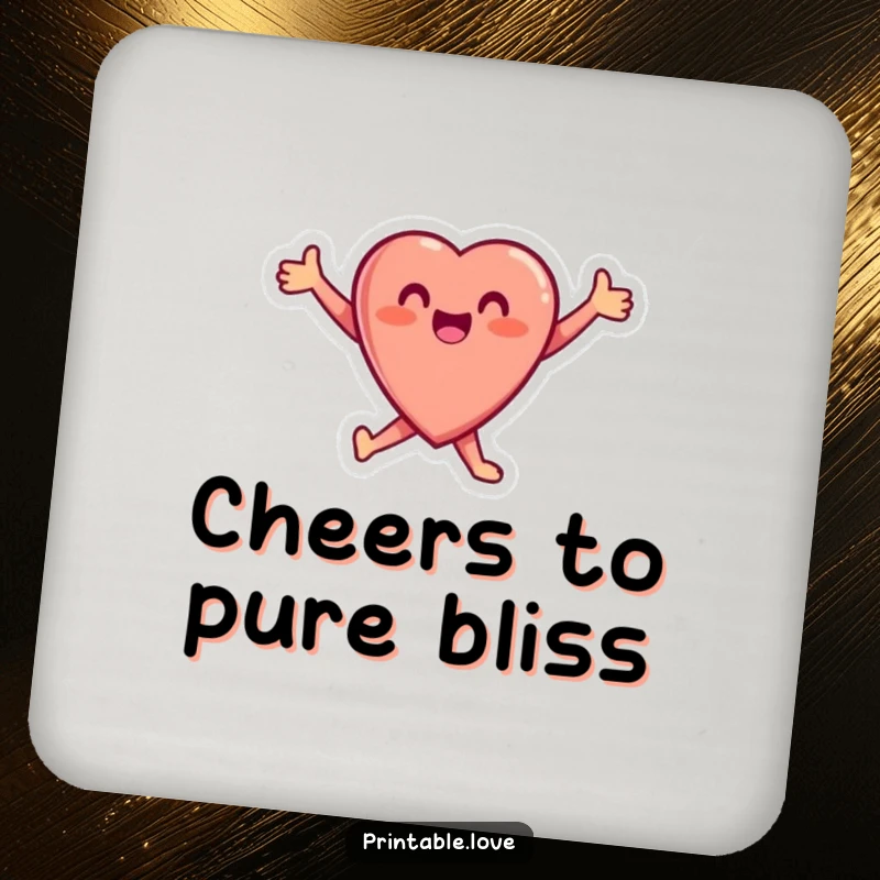 Funny Heart Drink Coaster featuring a small, ecstatic heart character leaping with arms outstretched, adding joyful protection to any table.