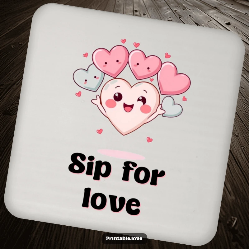 Funny Kawaii Heart Drink Coaster: A cute heart character juggles smiling hearts, adding a cheerful and loving touch to drink protection.
