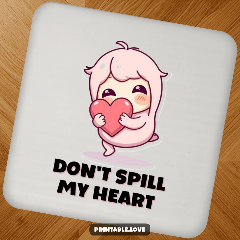 Funny wobbly character on drink coasters, tripping but holding a heart safely, protecting surfaces with cute and humorous charm.