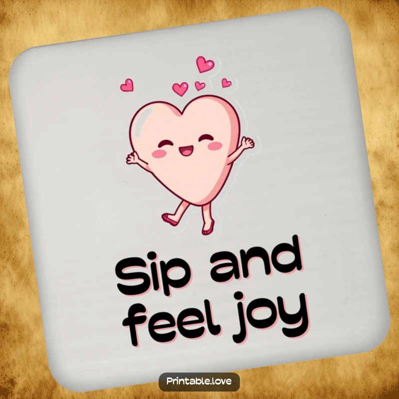 Funny, joyful heart character dancing and twirling with delight on a drink coaster, adding a touch of cheer.