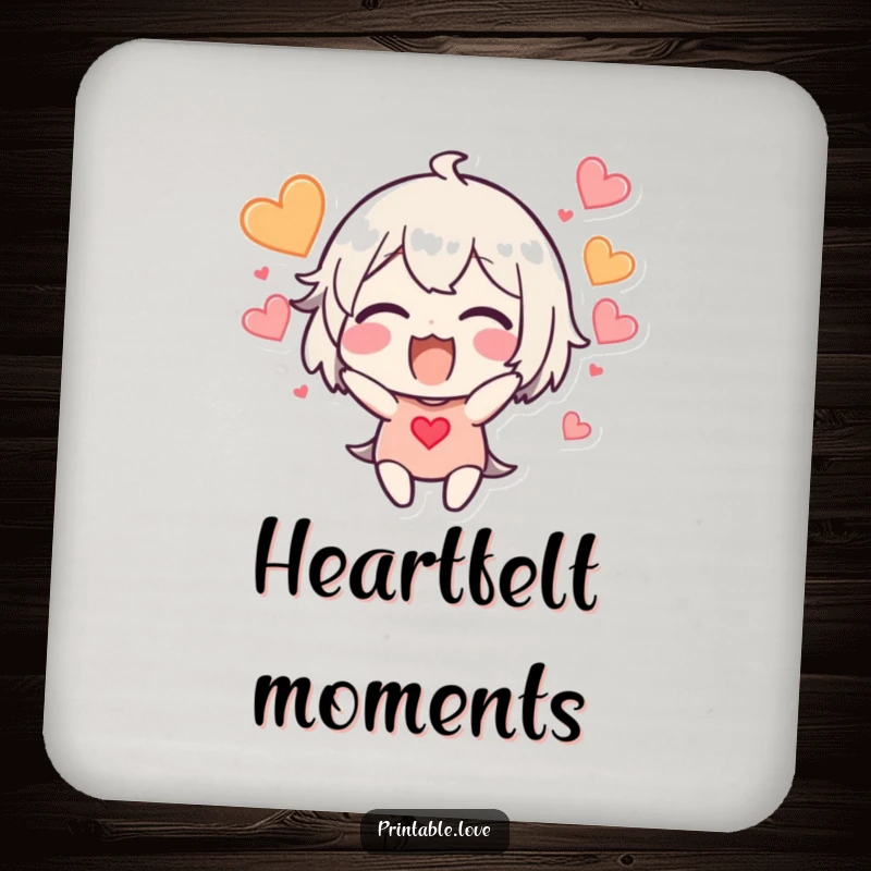 Funny excited character drink coaster, hearts bursting around the head, protects surfaces.