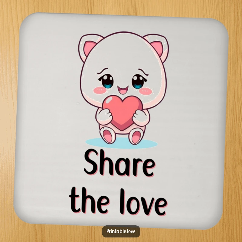 Funny smiling character on drink coasters, gifting a heart with beaming eyes, protecting surfaces with cute and humorous charm.