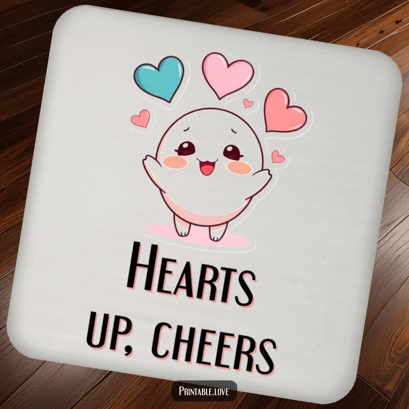 Funny heart juggling coaster featuring a blushing character playfully tossing three colorful hearts, protecting surfaces with charm and love.