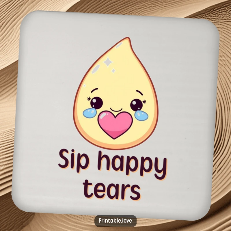Funny kawaii teardrop character drink coasters, crying happy, sparkly tears forming a heart, protecting surfaces with joy.