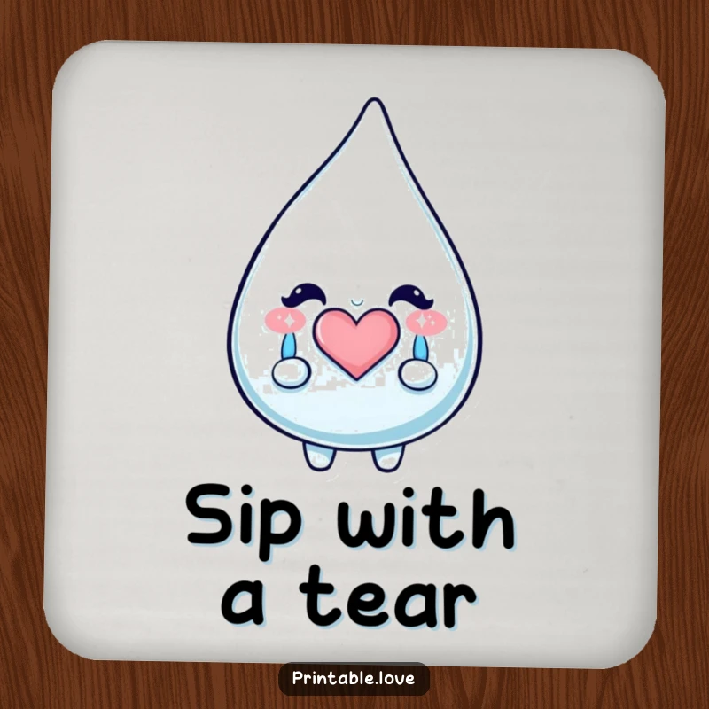 Funny Kawaii Teardrop Drink Coaster: Features a teardrop character shedding happy, sparkly tears forming a heart, protecting surfaces in a cute way.