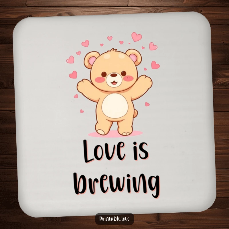 Funny Kawaii Teddy Bear Coaster: A dancing bear showers hearts, providing humorous surface protection and cheerful charm.