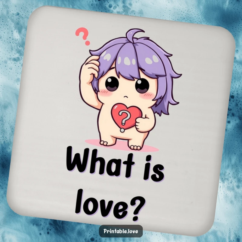 Funny Coasters featuring a perplexed character holding a heart question mark, offering protection and a touch of lighthearted confusion.