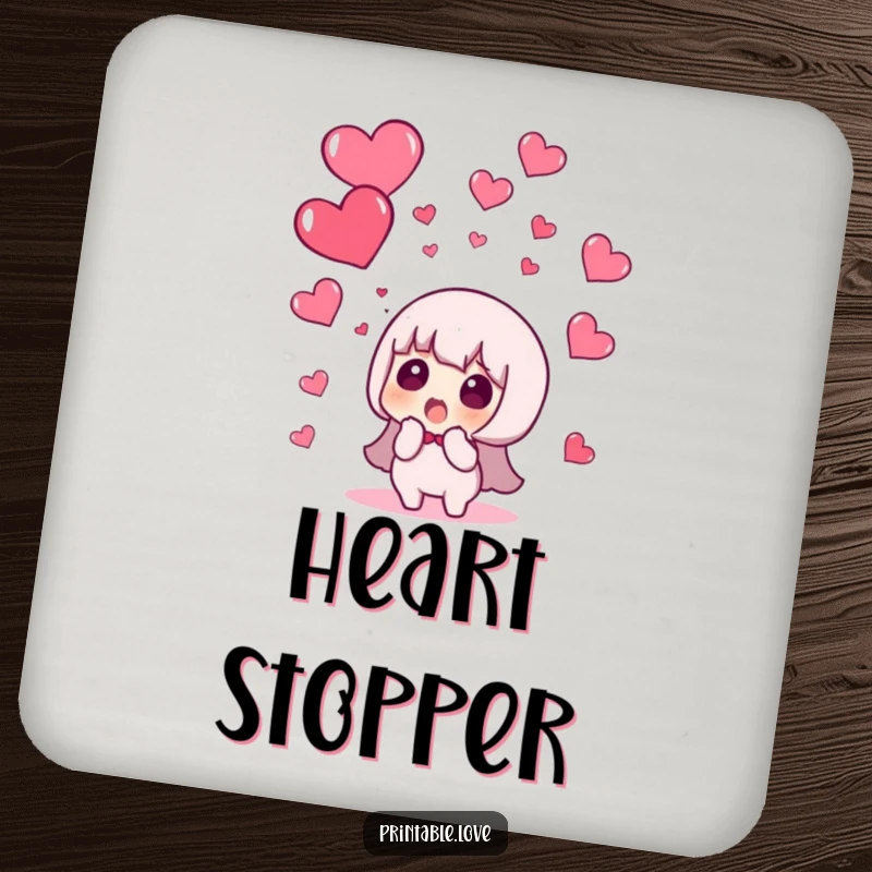 Funny drink coaster showing a character reacting in surprise to a sky raining red hearts, a protective novelty.