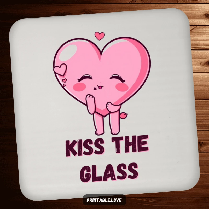 Funny heart character blowing a kiss with a dreamy expression on a drink coaster, adding a romantic touch.