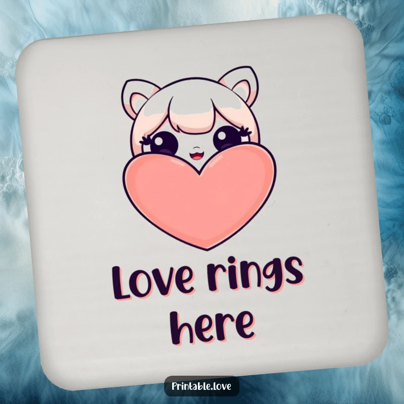 Funny drink coaster with a kawaii character peeking slyly from behind a heart, protecting surfaces with adorable charm.