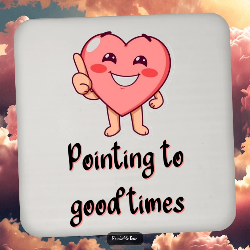 Funny heart character with a cheerful grin playfully pointing on a drink coaster, adding a touch of playful flair.