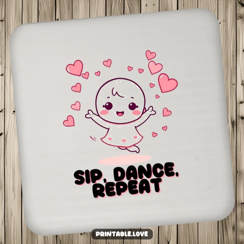 Funny drink coaster with a kawaii character dancing joyfully amidst swirling hearts, adding a vibrant and protective touch.