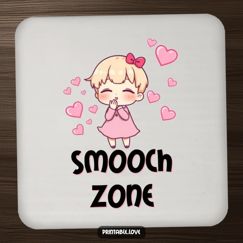 Funny Coasters featuring a cute character blowing kisses, leaving a trail of hearts, protecting surfaces with adorable charm.