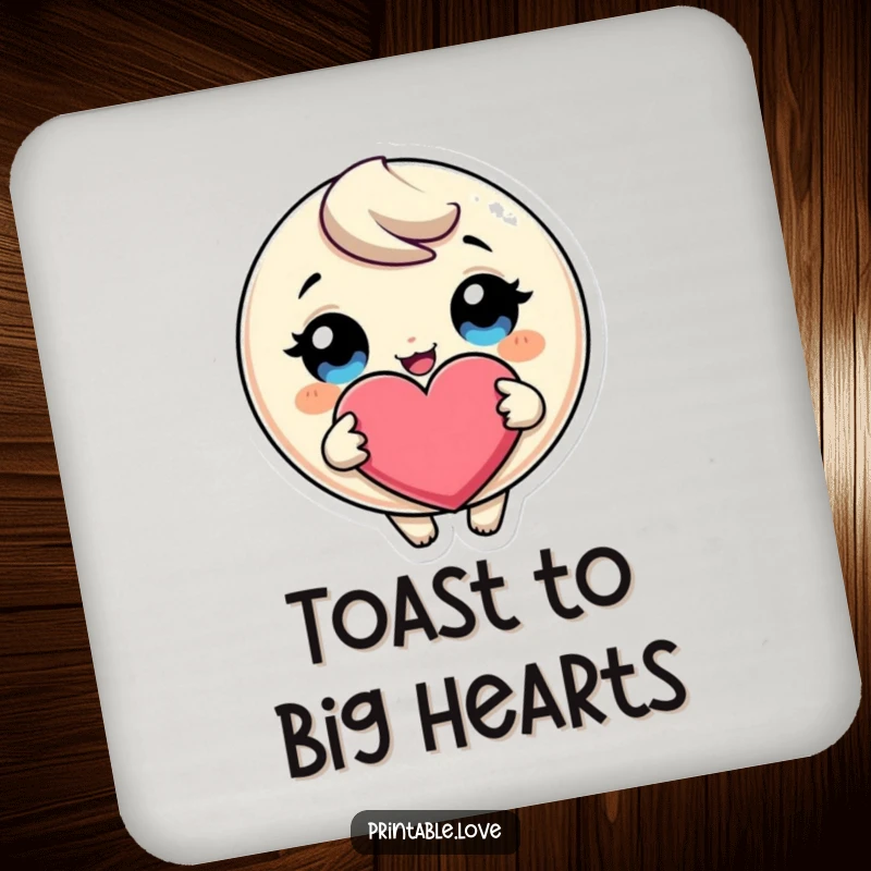 Funny Giggling Heart Coasters: A set of coasters featuring a round character with big eyes giggling while holding a giant heart.