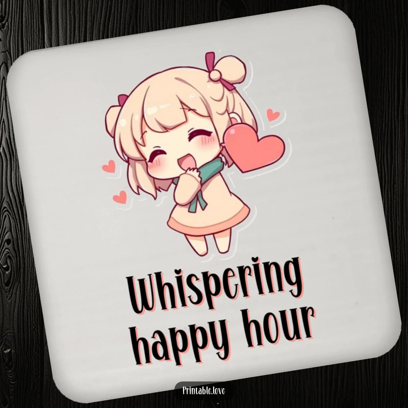 Funny secret whisper coaster featuring a character whispering secrets into a heart-shaped ear, protecting surfaces with charm and trust.