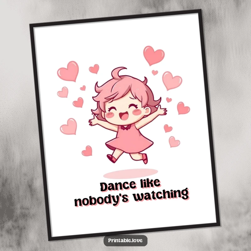 Funny Poster showcasing a character in a dynamic dance pose, surrounded by a whimsical scattering of floating hearts, radiating effervescent joy.