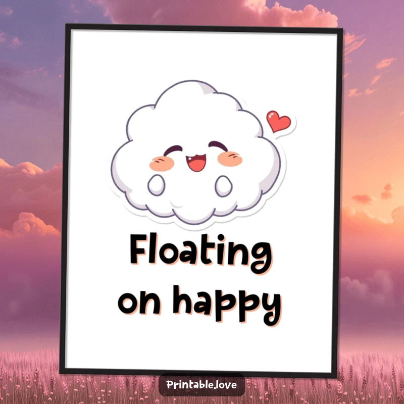 Funny Kawaii Cloud Poster: Artistic print of a giggling cloud character radiating pure joy, with a happy heart illustration, perfect wall art.