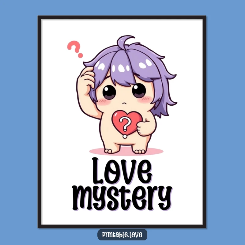 Funny Confused Character Poster: Puzzled Heart Art, Quirky Wall Decor Funny Gift
