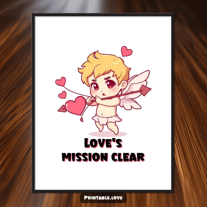 Funny Cupid poster with a character determinedly shooting an arrow made of hearts, creating romantic and humorous wall art.