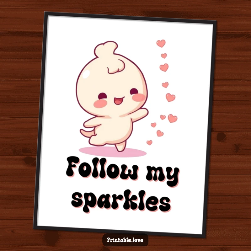 Funny poster featuring a happy character leaving a whimsical trail of small floating hearts. Cheerful wall art.